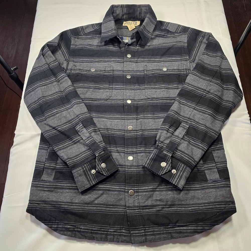Duluth Trading Mens Medium Flannel Lined Canvas Shirt Jacket Grey grunge